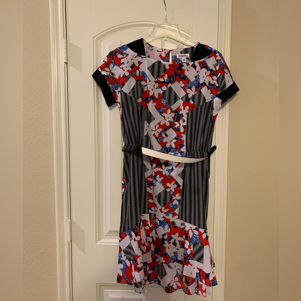 LIKE NEW Peter Pilotto Short Sleeve HighLow Red Floral B&W Print Mini Dress l 12